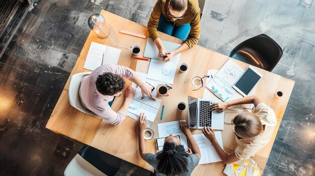 Vista superior de un equipo de negocios diverso trabajando juntos en una mesa de madera en una oficina moderna