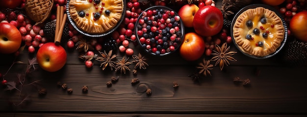 Vista superior de la escena de la mesa sobre fondo de madera oscura. Surtido de pasteles de otoño caseros. Calabaza, manzana y nuez.