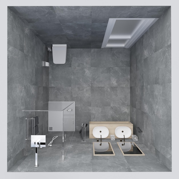 Vista superior de la escena de renderizado interior del baño de diseño moderno de color gris 3d