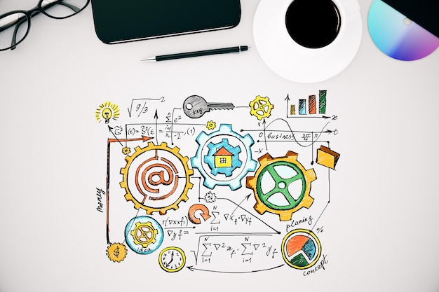 Vista superior del escritorio blanco con boceto de negocios, taza de café, gafas, teléfono inteligente y otros artículos, representación 3D