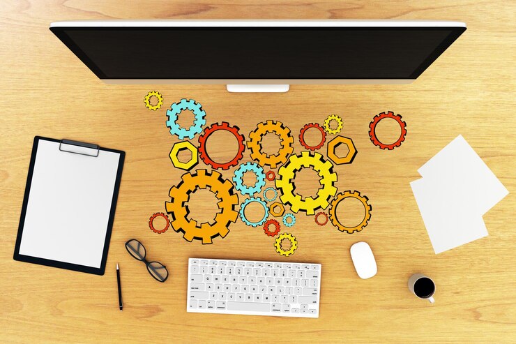 Foto vista superior del escritorio de madera con monitor de computadora teclado taza de café suministros y colorido boceto de rueda dentada 3d renderización