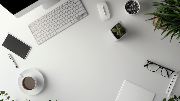 Foto vista superior escritorio de oficina con teclado de computadora ratón taza de café platillo pluma gafas planta y cuaderno