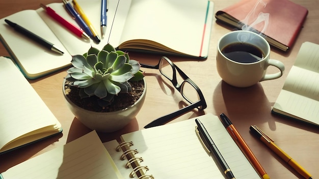 Foto vista superior del escritorio con plantas suculentas y cuadernos