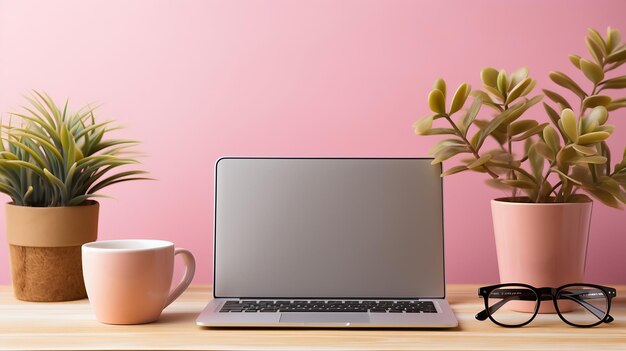 Vista superior del espacio de trabajo mínimo con una taza de café portátil y espacio para copiar en pa IA generativa