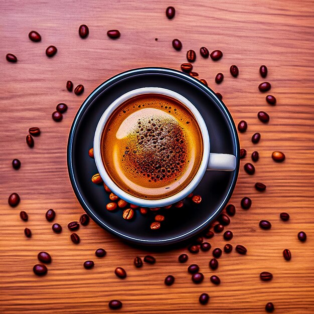 Vista superior de un espresso caliente con semillas de café marrón en un escritorio de madera marrón