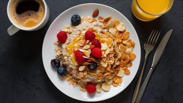 Vista superior farinha de aveia crua em cereais brancos cornflakes pequeno-almoço