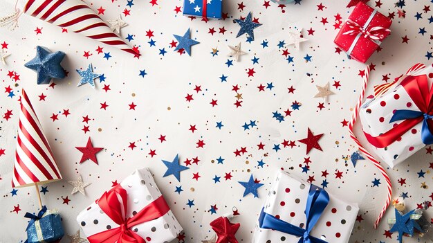 Vista superior Feliz celebración del concepto del Día de la Independencia con regalos y confeti de estrellas generativo de IA
