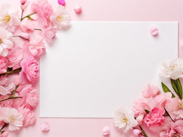 Vista superior feliz com fundo rosa roxo e arranjo de flores em papel em branco com fundo claro