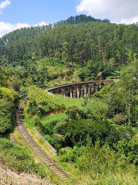 Vista superior del ferrocarril en la selva y el famoso puente de nueve arcos