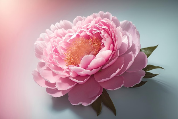 vista superior Flor de peônia única em fundo pastel ai generativo