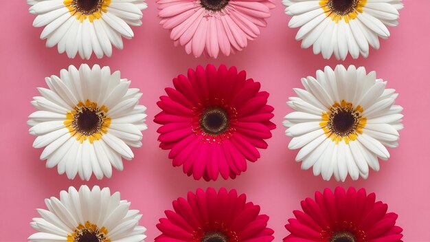 Foto vista superior de las flores de gerbera de color rosa blanco y fucsia aisladas en fondo rosa con espacio de copia