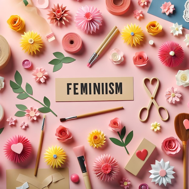 Vista superior de flores de papel con la palabra feminismo para el día de la mujer
