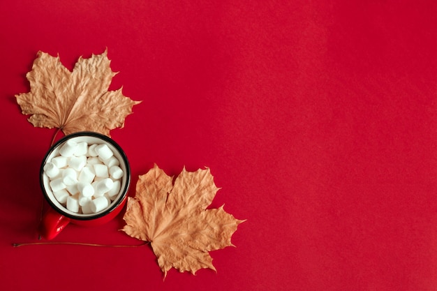 Vista superior folhas de bordo de outono e copo com marshmallows cópia espaço fundo