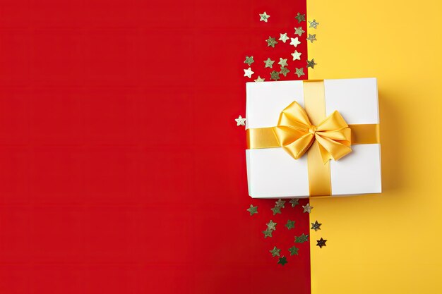 Vista superior de fondo amarillo con caja de regalo blanca y cinta roja
