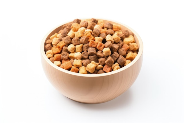 Vista superior de un fondo blanco con comida para mascotas en un recipiente