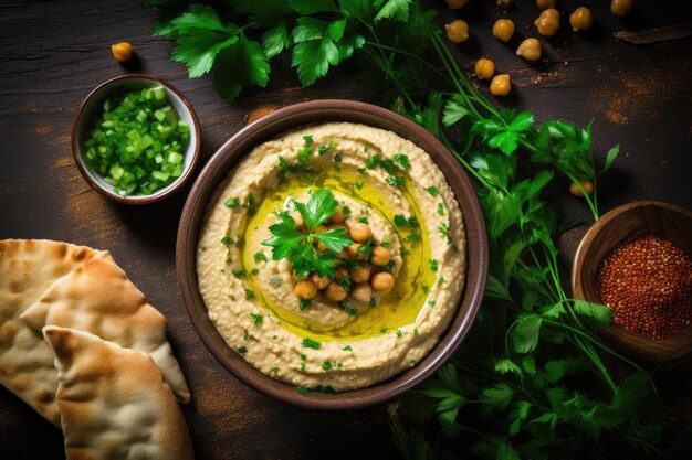 Vista superior de un fondo de metal rústico con un cuenco de hummus casero adornado con hierba de garbanzos hervidos