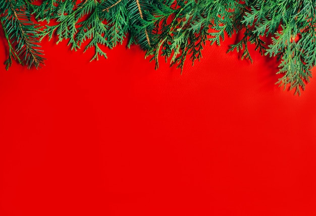 Vista superior del fondo rojo de navidad decorado con ramas de un árbol de navidad con espacio libre para texto