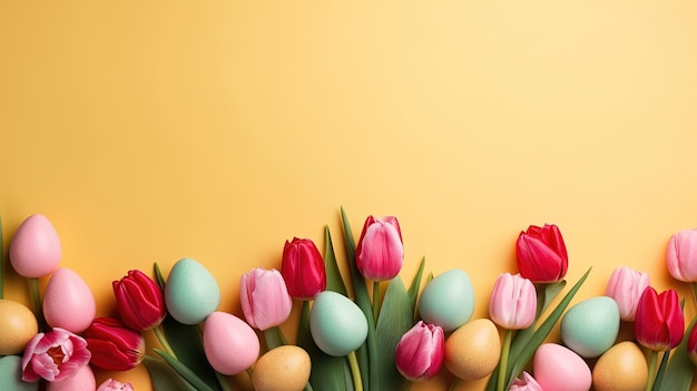 Vista superior del fondo de la tarjeta Happy Easter con tulipanes y huevos decorativos