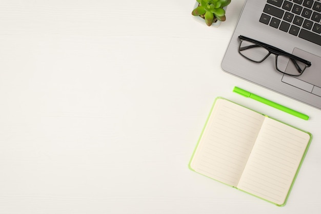 Vista superior de la foto de gafas en la planta de la computadora portátil gris diario abierto verde claro y pluma en el fondo de la mesa de madera blanca aislada con espacio vacío