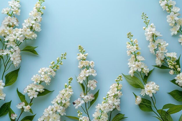 Vista superior y fotografía de cerca de la flor de espira blanca sobre un fondo azul claro con un gran espacio en la superficie limpia para el texto o el anuncio del producto IA generativa