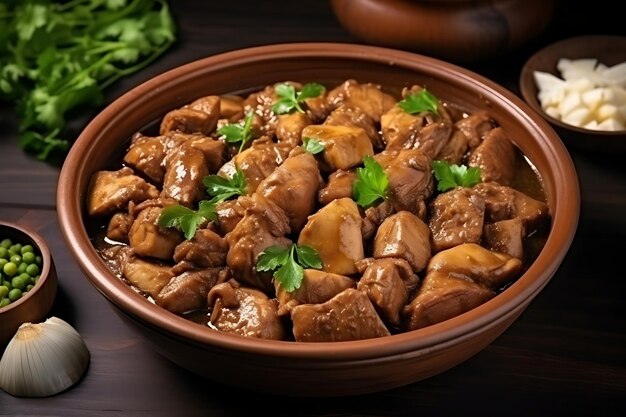 Vista superior frango adobo filipino em mesa escura