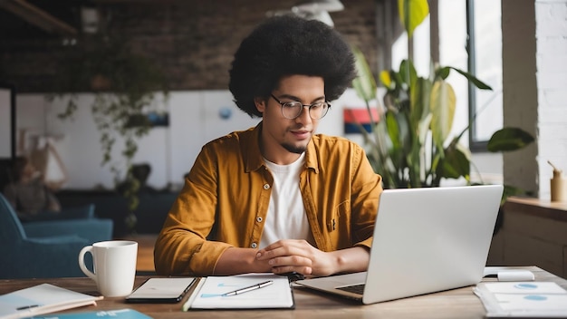 Vista superior de un freelance ocupado con corte de pelo afro trabaja en un proyecto en línea