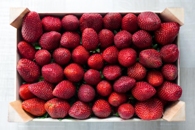 Vista superior de fresas maduras rojas en caja de madera