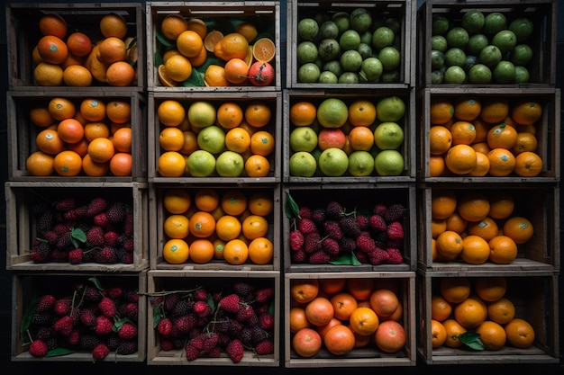 Vista superior de frutas en jaulas rectangulares de madera en el mercado de fondo rural IA generativa