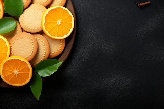 Vista superior galletas de azúcar deliciosas con naranjas en rebanadas en fondo oscuro galletas de té de azúcar dulces