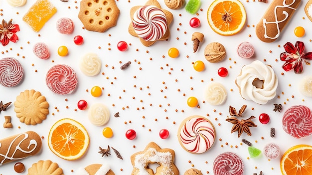 Vista superior galletas dulces y sabrosas con dulces y confituras en un fondo blanco de pastel de azúcar