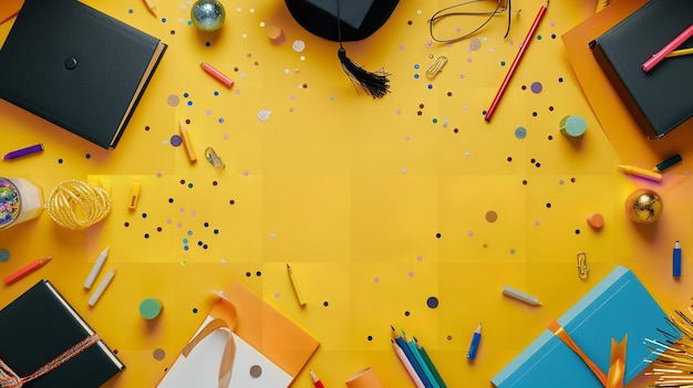 Vista superior de una gorra negra académica en un telón de fondo amarillo limpio con gafas, libros y confeti con un gran espacio para texto o producto.