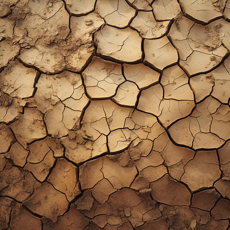 Vista superior de grietas y tierras secas sin agua debido a la sequía debido al cambio climático