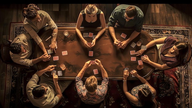 Vista superior de un grupo de amigos jugando a las cartas en una mesa todos están mirando sus cartas y hay mucho dinero en la mesa