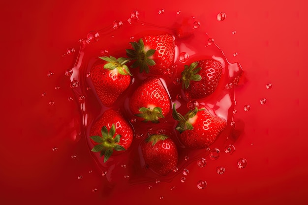 Vista superior de un grupo de fresas que se salpican en un jugo de fresa