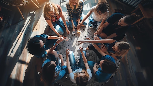 Vista superior de un grupo de mujeres diversas sentadas en círculo en el suelo y tomadas de la mano durante una sesión de terapia