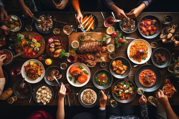 Vista superior de un grupo de personas cenando juntos mientras están sentados en una mesa de madera Brunch Choice Crowd Dining Food Options Comer Concept vista superior AI Generado