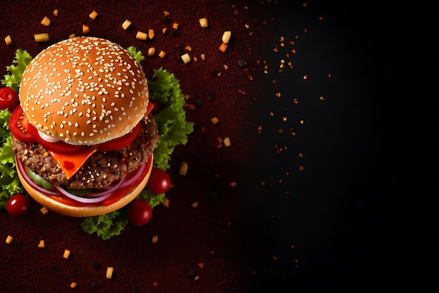 Foto vista superior de la hamburguesa en el fondo plano y el espacio de copia
