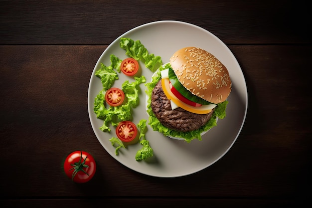 Vista superior de una hamburguesa de ternera cubierta con tomates de lechuga y un plato blanco