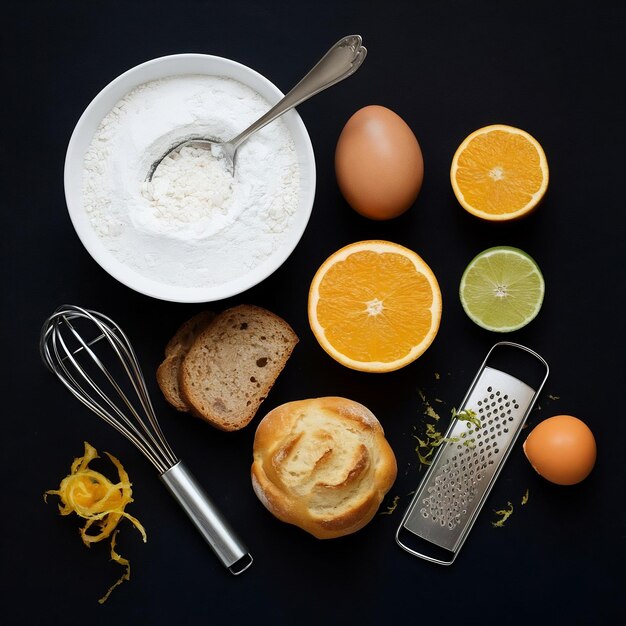 Foto vista superior de harina abierta huevo naranja jugo de limón mermelada pan rebanada cáscara de naranja con cuchara de batido y grata