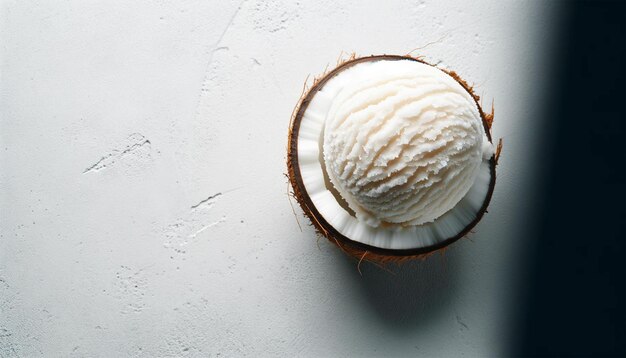 Foto vista superior helado de coco colocado en un plano de concreto blanco