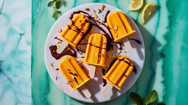 Foto vista superior de helados de mango veganos caseros en el fondo de agua de moda