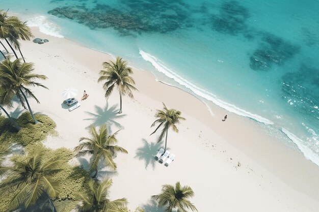 Foto vista superior desde un helicóptero de la playa en una isla paraíso un hombre camina a lo largo de la orilla de las palmeras w