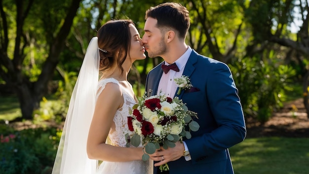 Vista superior de la hermosa pareja de bodas con ramo de bodas que se besan al aire libre concepto de matrimonio