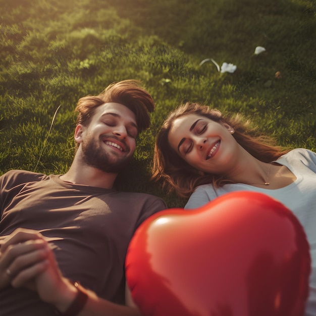 Vista superior de la hermosa pareja romántica enamorada está acostada con el globo de amor feliz día de San Valentín