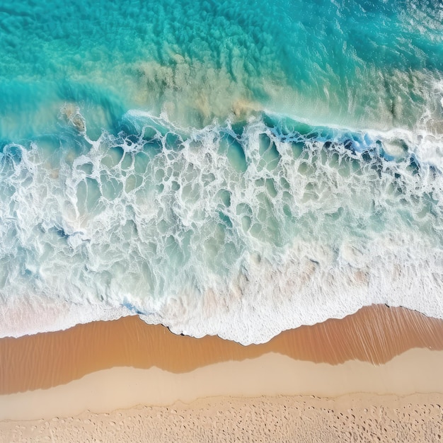 Vista superior de la hermosa playa de arena con olas del océano turquesa