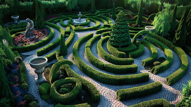 Foto vista superior de un hermoso laberinto de jardín con céspedes verdes caminos de piedra y camas de flores