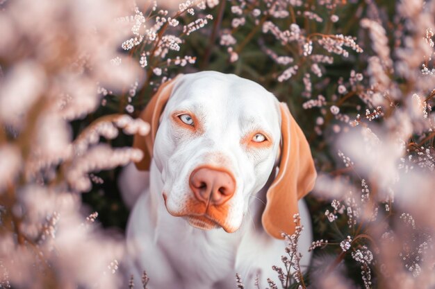 Vista superior de un hermoso perrito pequeño sentado en un campo de brezo en flor Calluna vulgaris