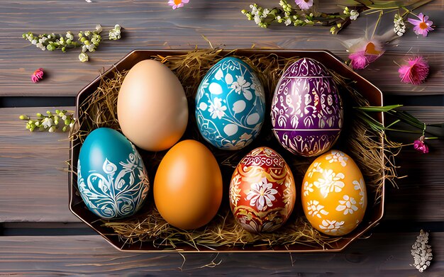 Vista superior de hermosos huevos de Pascua con multicolores en un nido