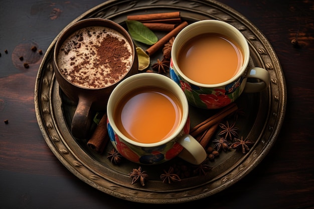 Vista superior de la hierba india Masala Chai o té tradicional con leche y especias Dos tazas de ay orgánico