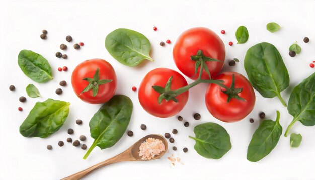 Vista superior de las hojas de albahaca, los tomates de cereza y los granos de pimienta aislados sobre un fondo blanco